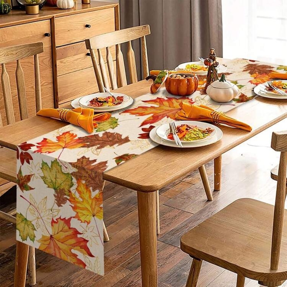 NWT- Cream w/ Vibrant Colorful Maple Leaf 🍁 Design Fall Table Runner- 72x13